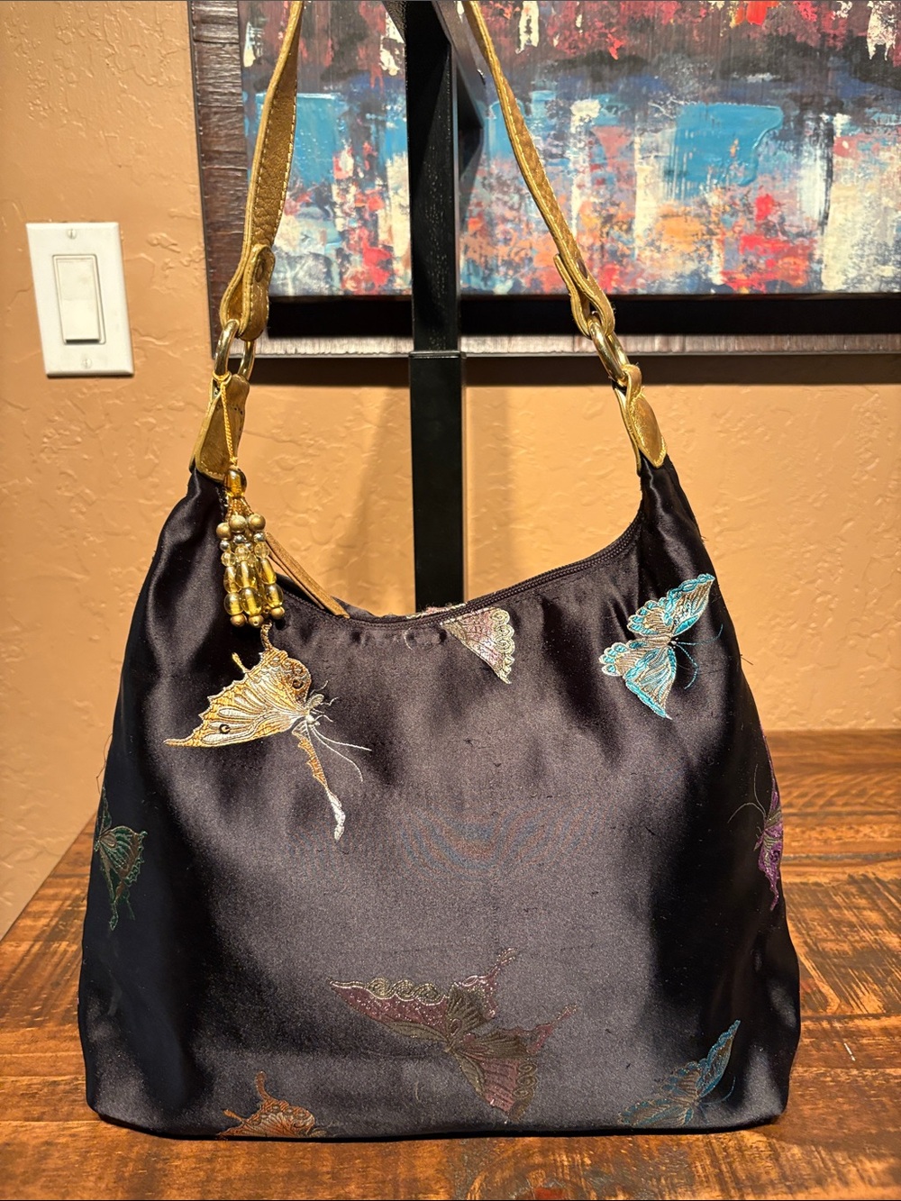 Fiona Lang  Satin Nylon Butterfly-Embroidered Shoulder Bag EUC